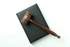 Judge gavel and law book on white background